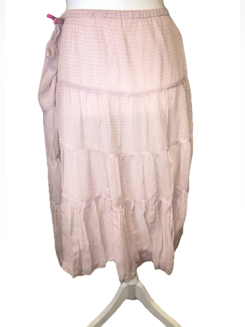 Vintage Intuitions 100% Silk Tiered Ruffle  Skirt Blush Pink Geometric L Cottage